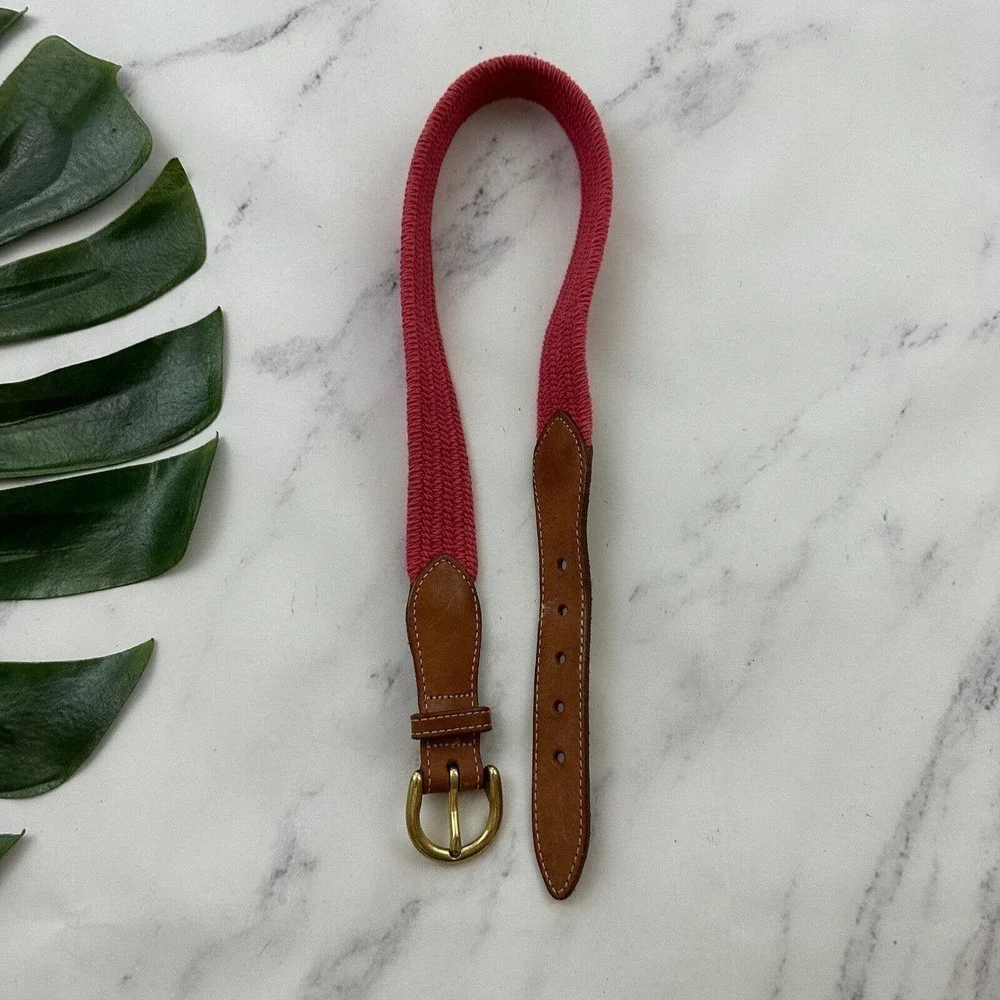 Lands End Vintage 90s Woven Stretchy Belt Size XS/S Pink Brown Leather Trim